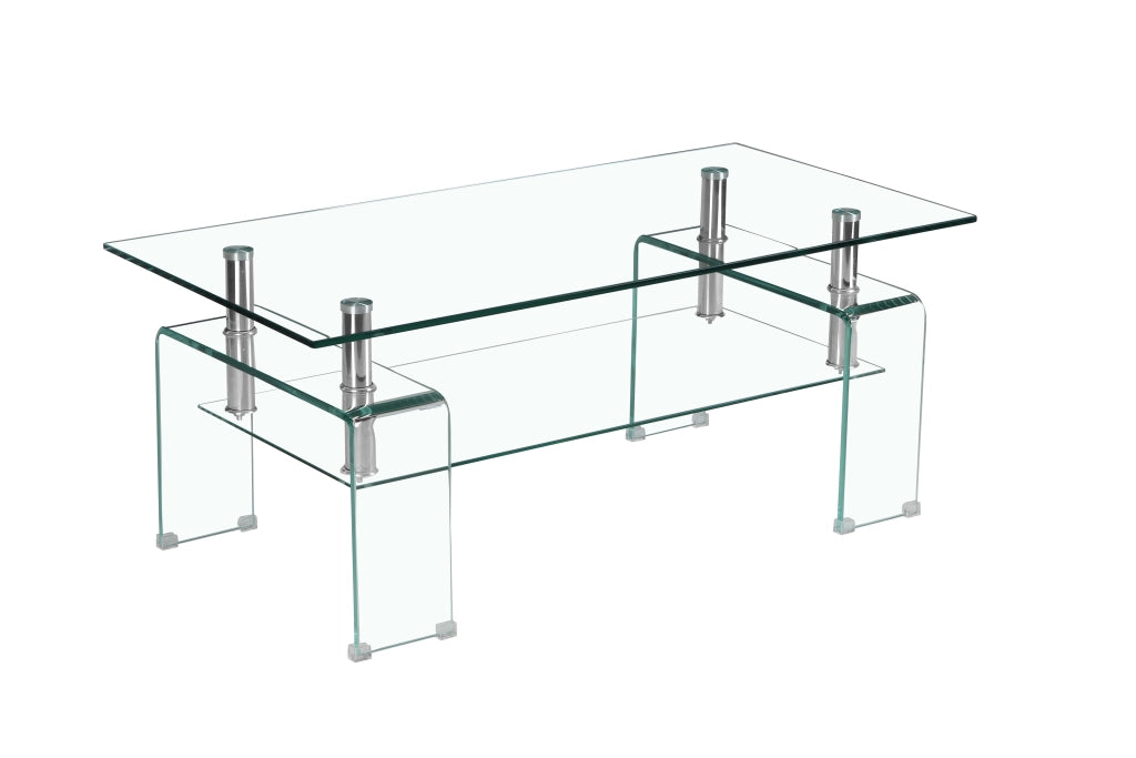 Tavolino basso con piano doppio in vetro temperato, struttura in metallo, per soggiorno, trasparente, 100 × 55 × 45 cm