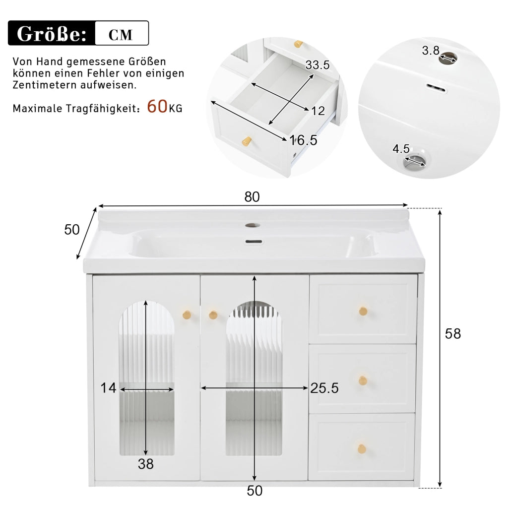 Mobile sottolavabo con lavabo in ceramica, 2 cassetti e anta in vetro, ripiani regolabili, per bagno, bianco