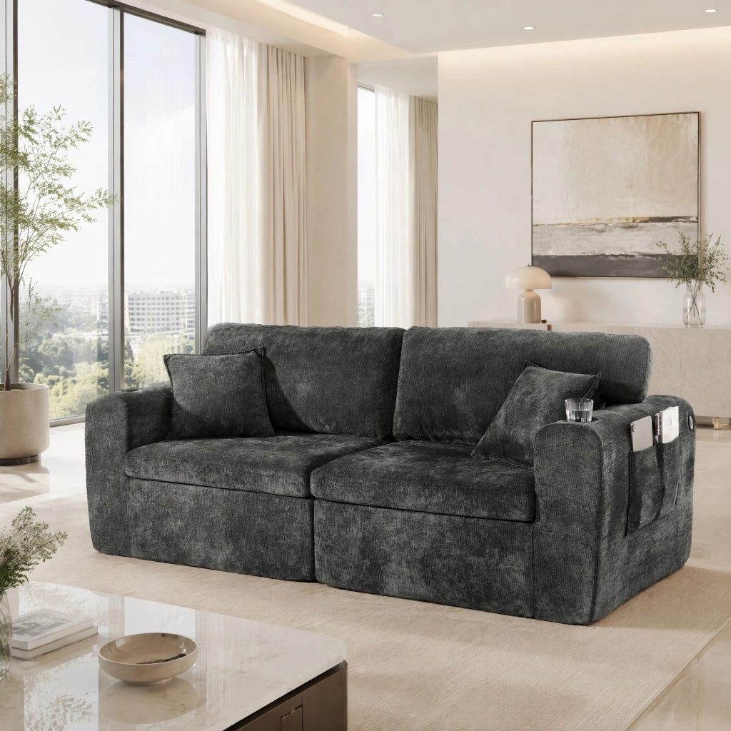 Divano relax 2 posti - con tasche laterali; portabicchieri e USB - in chenille nera