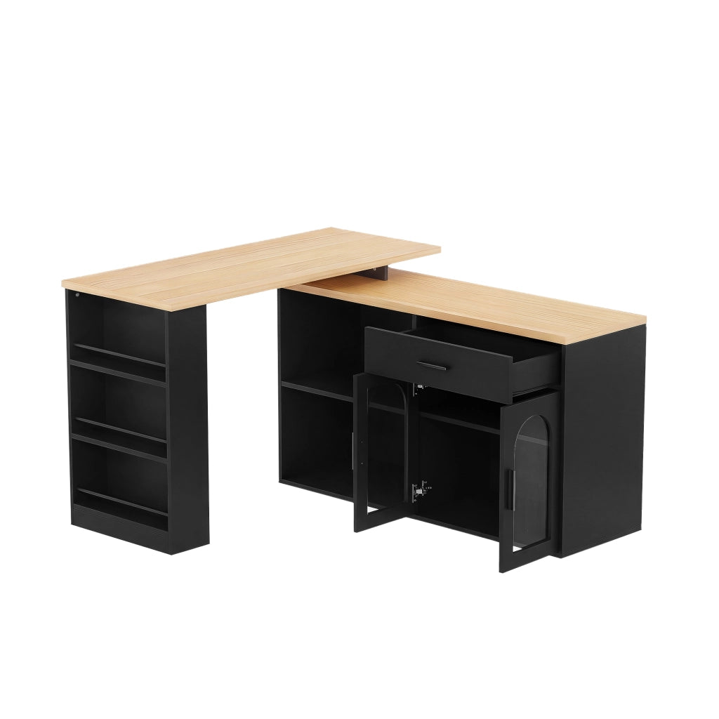 Isola da cucina con piano girevole 360°, mobile contenitore, scrivania e credenza con ripiani, Nero/Naturale