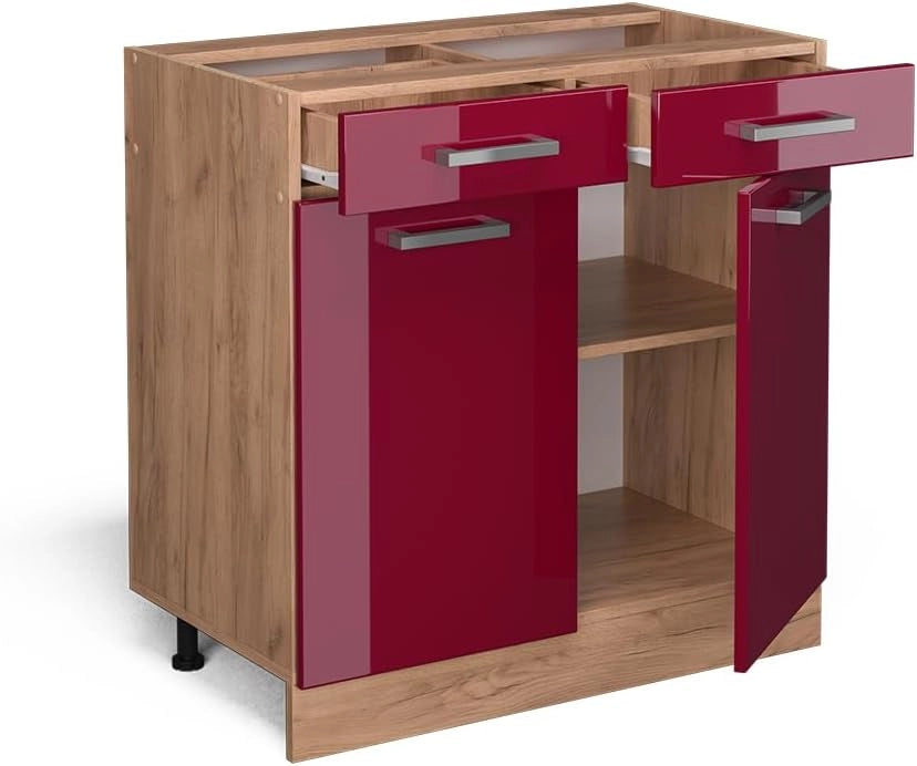 Mobiletto base per cucina R-Line, Rosso lucido, 80 cm senza piano di lavoro, per la libera combinazione all'interno di sistemi cucina modulari
