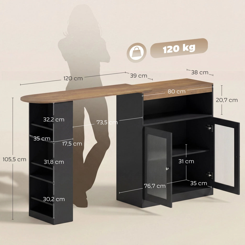 Tavolo da Bar Allungabile e Girevole con Ripiani e 2 Ante in Vetro ¨C Zephmum ¨C 150x80x105,5 cm Nero e Naturale