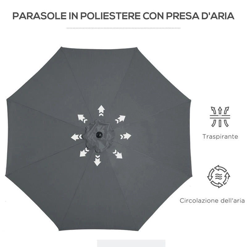 OMBRELLONE DA GIARDINO CON MANOVELLA METALLO E POLIESTERE 300 X 245 GRIGIO SCURO