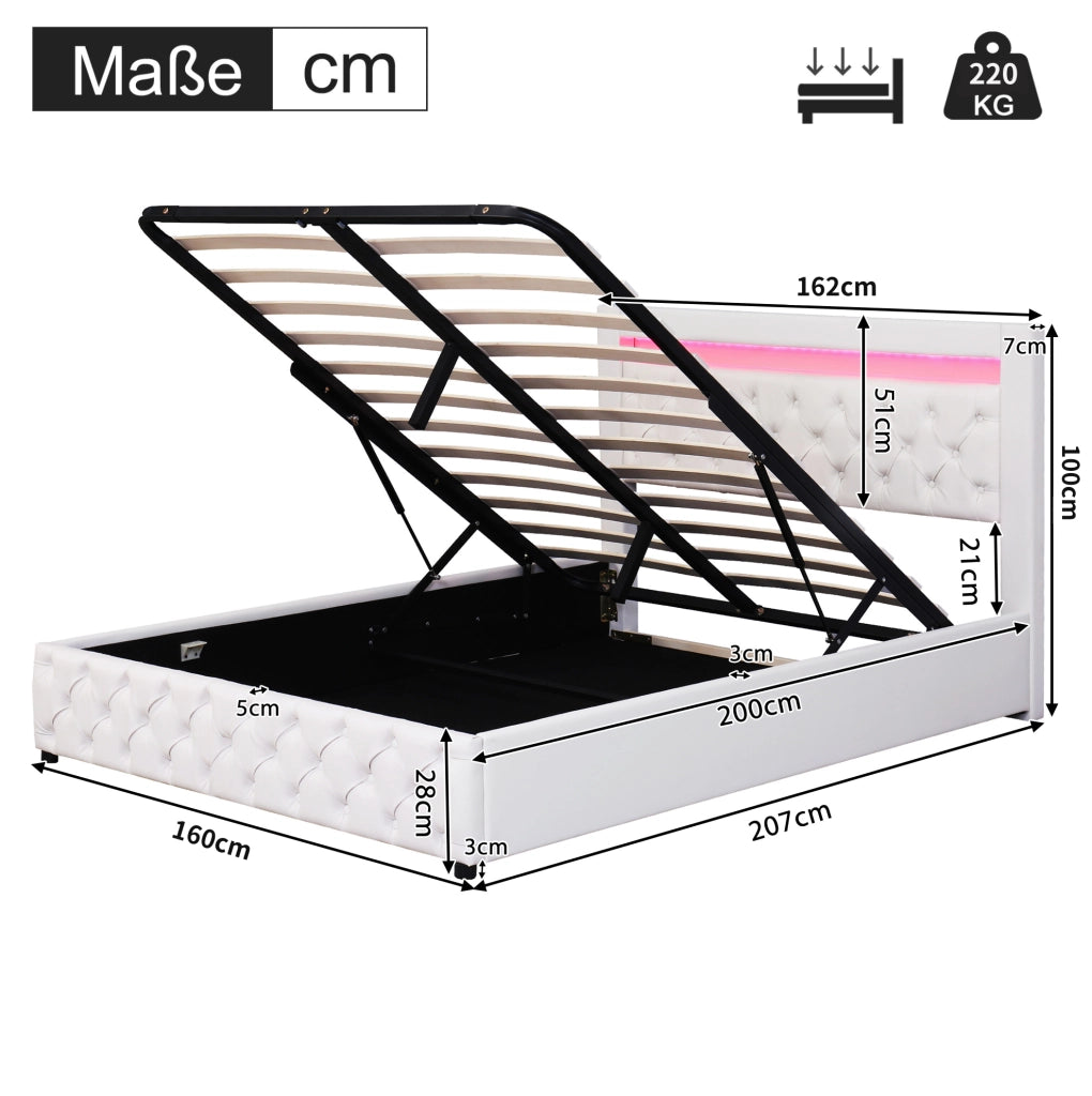 Letto imbottito 160x200 cm con contenitore, rete a doghe e LED