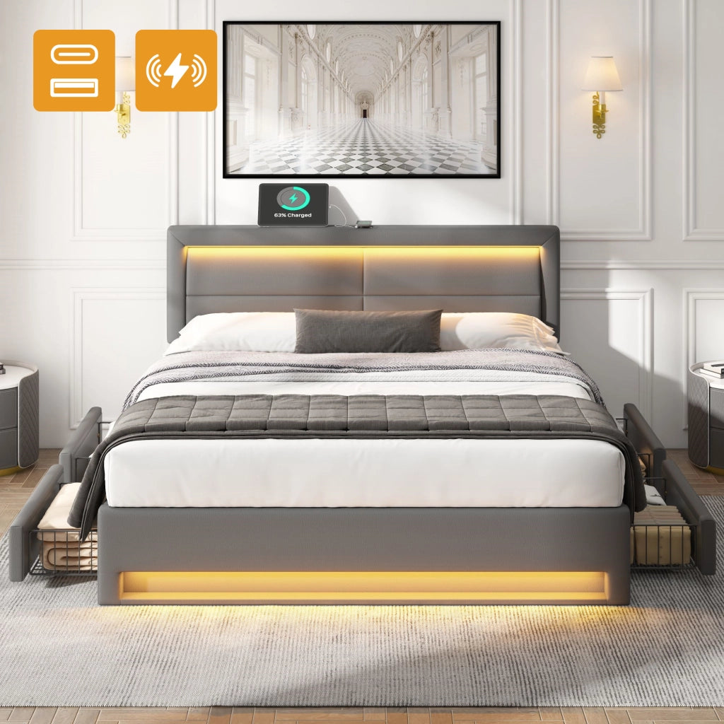 DESMIU Letto imbottito 140 × 200 cm 2 posti con USB, LED, 4 cassetti, senza materasso, in PU, grigio