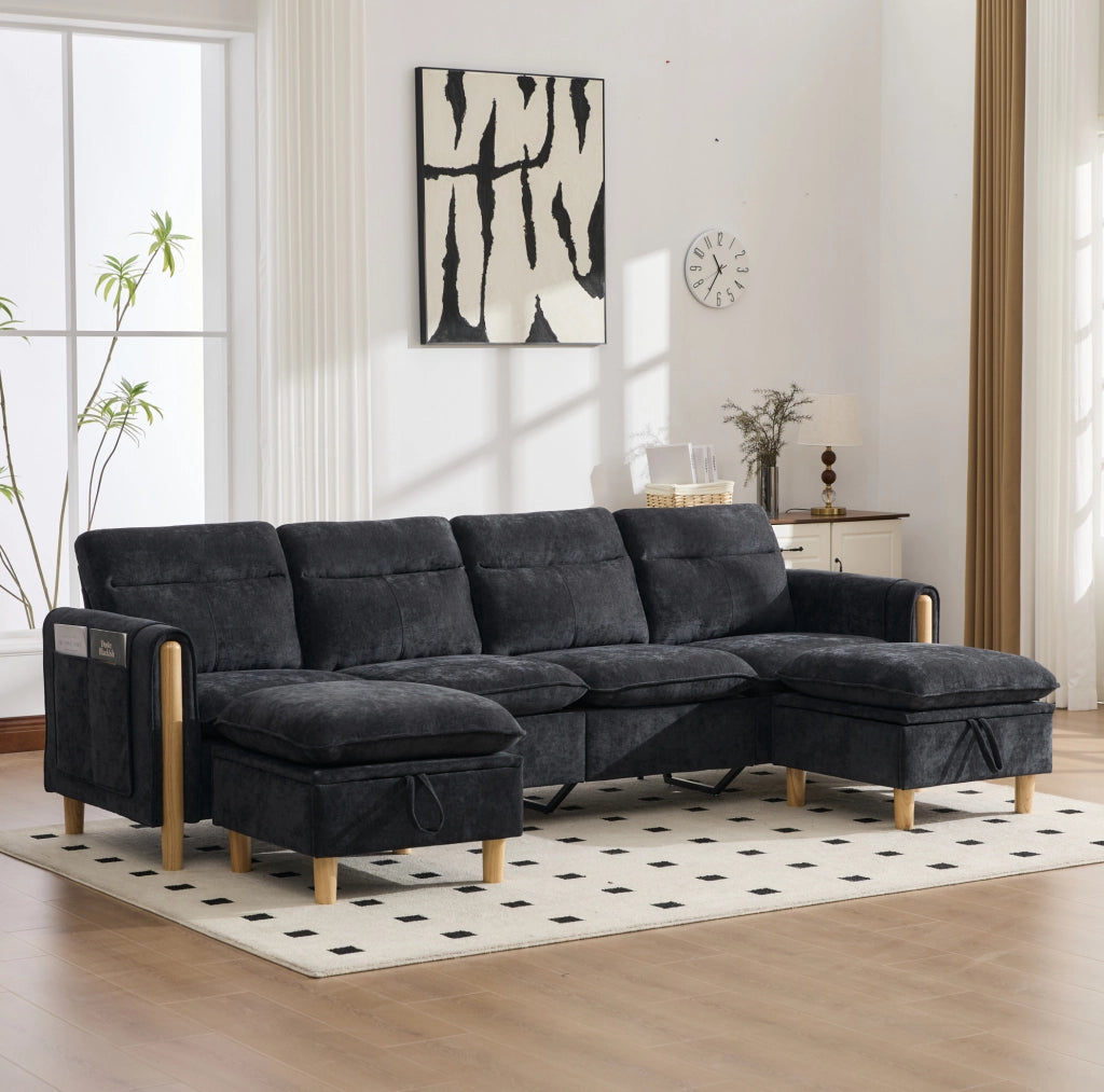 Divano modulare ad angolo a U 4 posti in tessuto Chenille nero con 2 pouf contenitori e gambe in legno