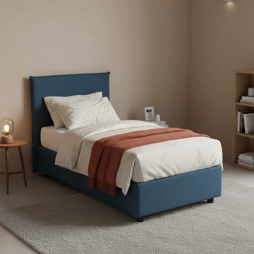 Letto singolo Alder, Letto contenitore con rivestimento in tessuto, Made in Italy, Apertura frontale, adatto per materasso cm 90x200, Blu