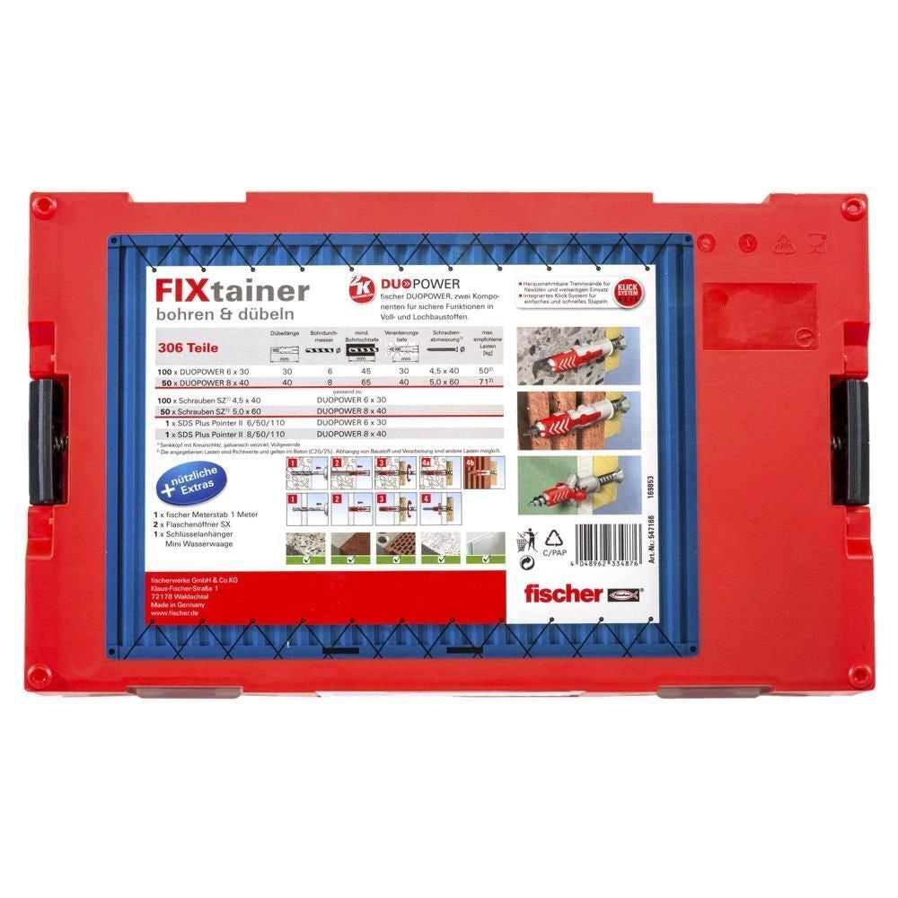 Fischer 547166 FIXtainer Set per Forare e Tassellare 306 Pezzi con Tasselli DUOPOWER Viti e Accessori colore Grigio Chiaro-Rosso