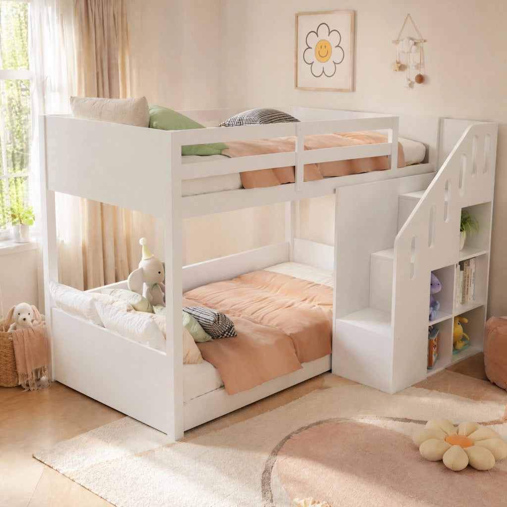 Letto a castello due posti 90 × 200 cm con scala contenitore e scomparti in legno e MDF bianco