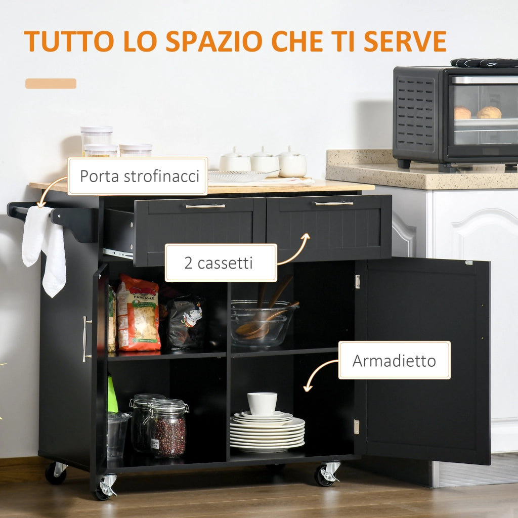 Carrello Cucina Multiuso con Cassetti e Ante ¨C Zephmum ¨C Legno 104x46x91 Nero