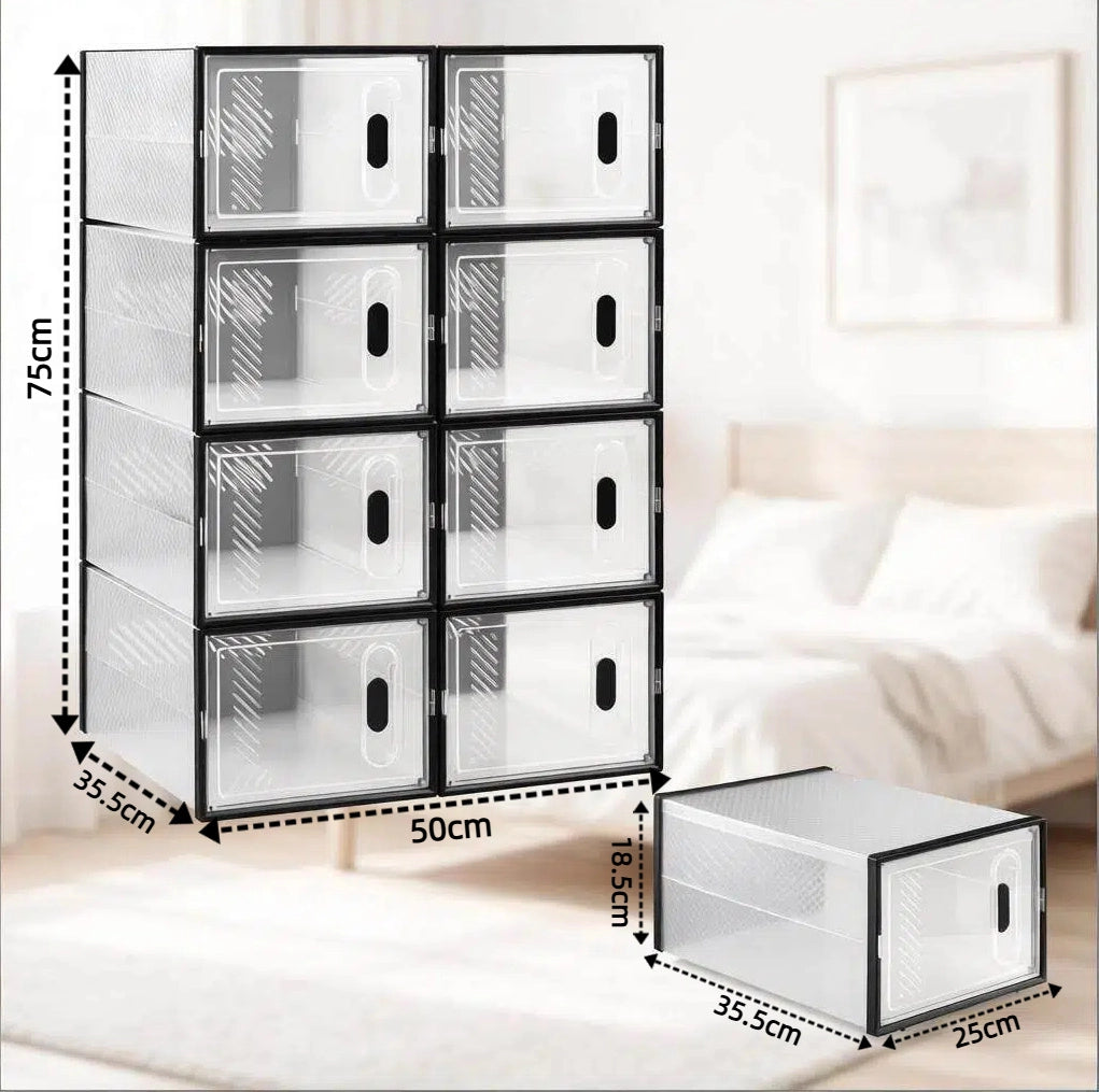 Set di 8 scatole portascarpe impilabili in plastica trasparente e nera 25x18;5x35;5 cm