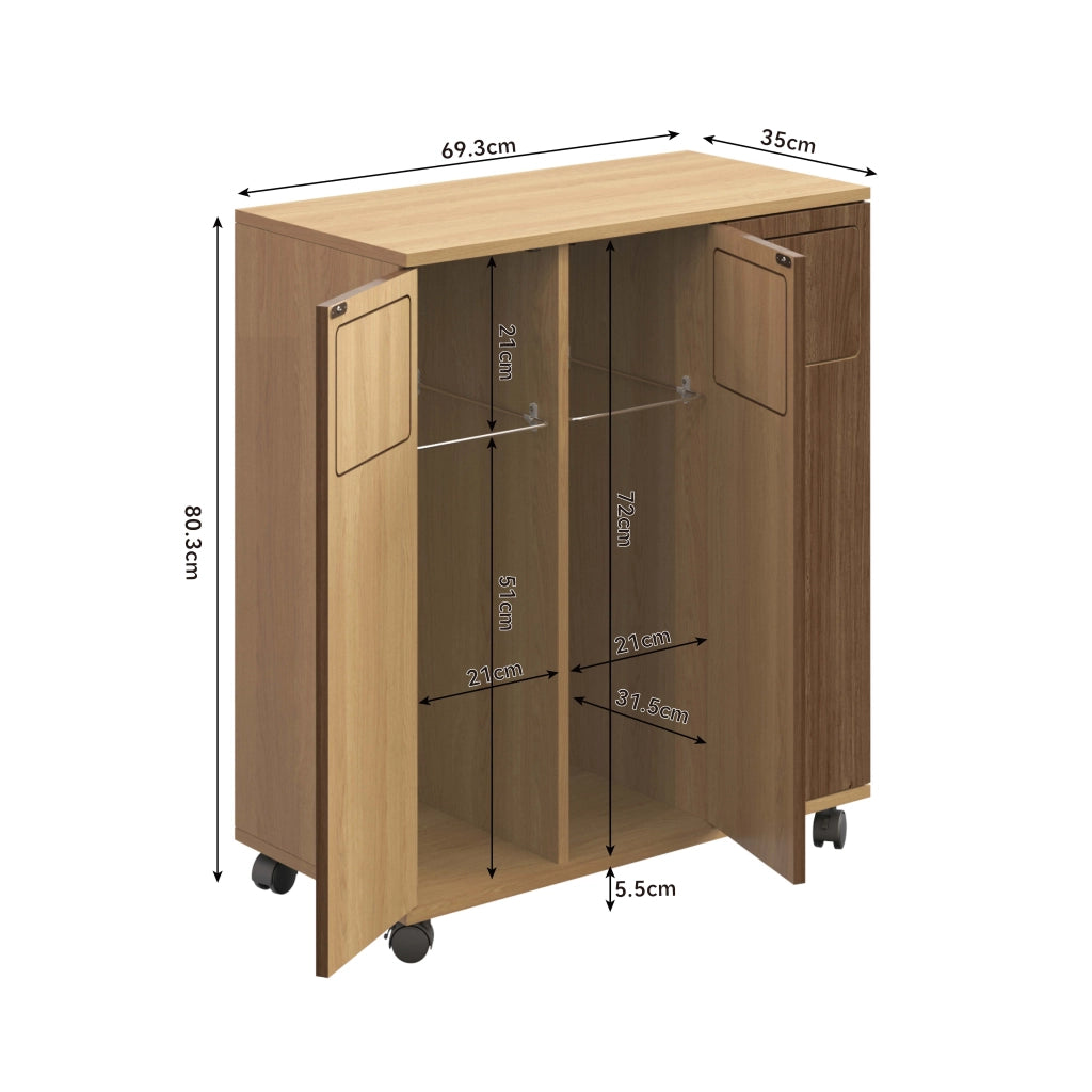 Mobiletto per raccolta differenziata a 3 scomparti con ruote, effetto rovere, 69,3x35x80,3 cm