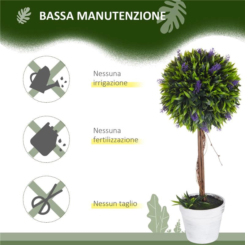 SET 2 PIANTE ARTIFICIALI VERDI A SFERA CON FIORI DI LAVANDA E VASO CON MUSCHIO E CEMENTO Ø 24X60 CM