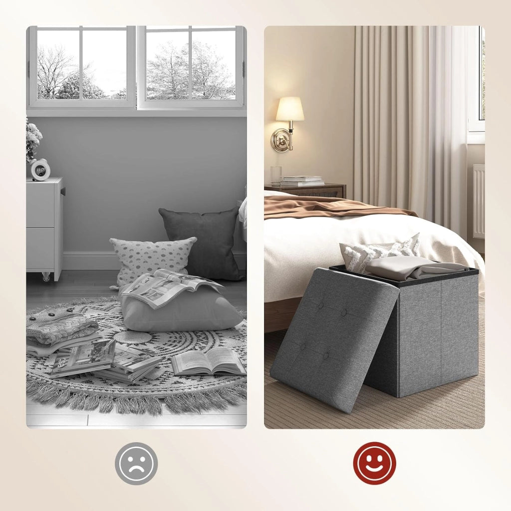 Sedia a Cubo Pieghevole Pouf Cassapanca Poggiapiedi Panche Contenitore con Coperchio Rimovibile MDF Oxford Lino Grigio Chiaro