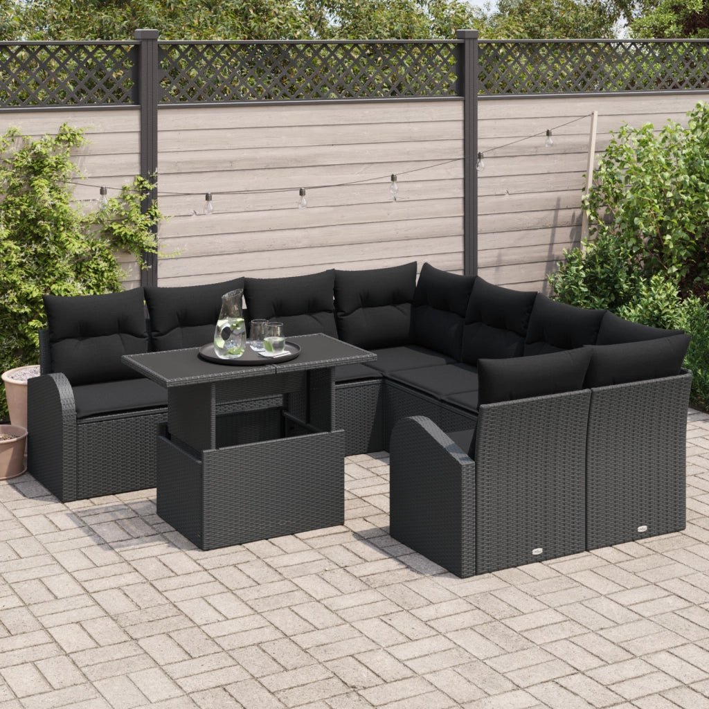 Set divano da giardino 9 pezzi con cuscini rattan nero
