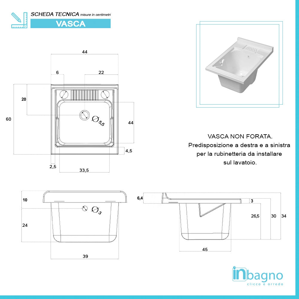 Mobile Lavatoio in Kit 45x60 cm con Vasca in Resina colore Bianco