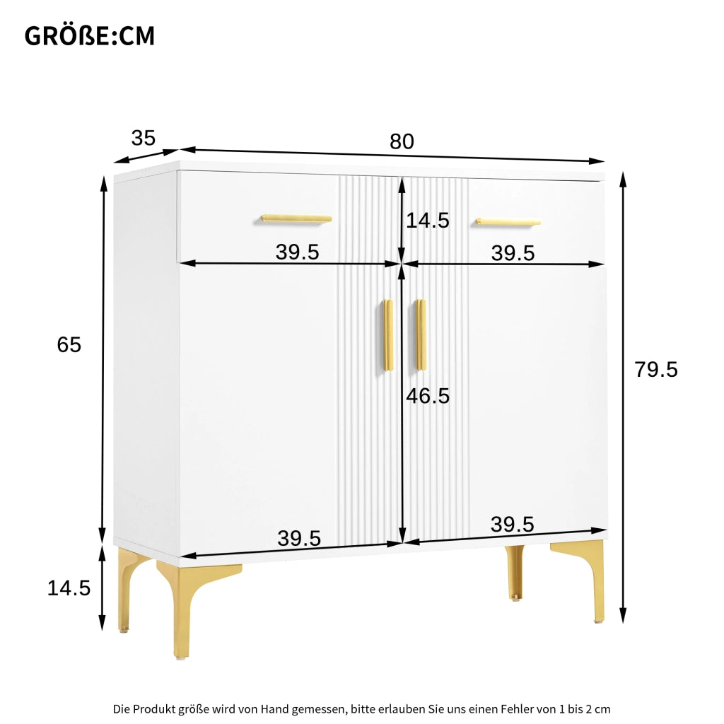 Credenza moderna bianca con 2 ante e 2 cassetti, struttura in MDF, sistema antiribaltamento, 80 x 35 x 79,5 cm