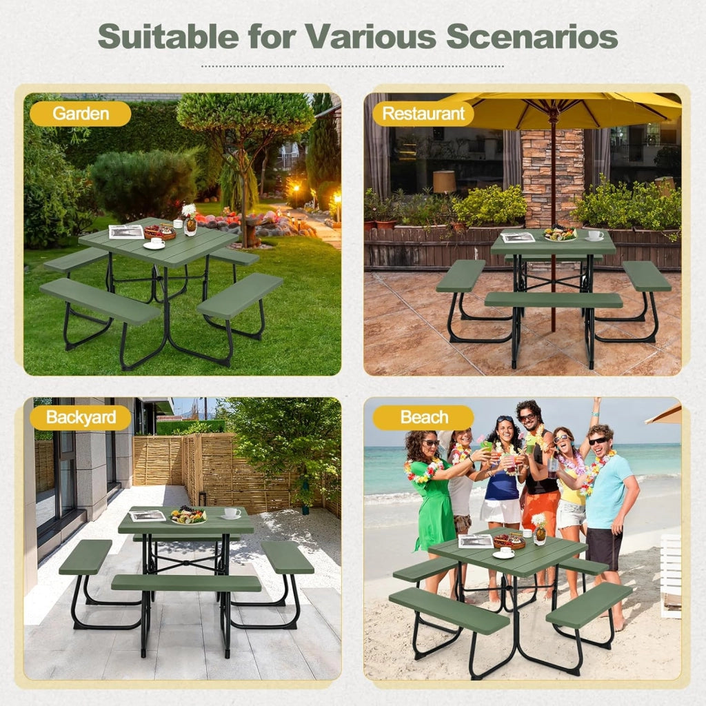 Set di tavolo da picnic per 8 persone, tavolo quadrato e 4 panche in HDPE, con foro per ombrellone, texture simile al legno, per giardino, patio (verde)