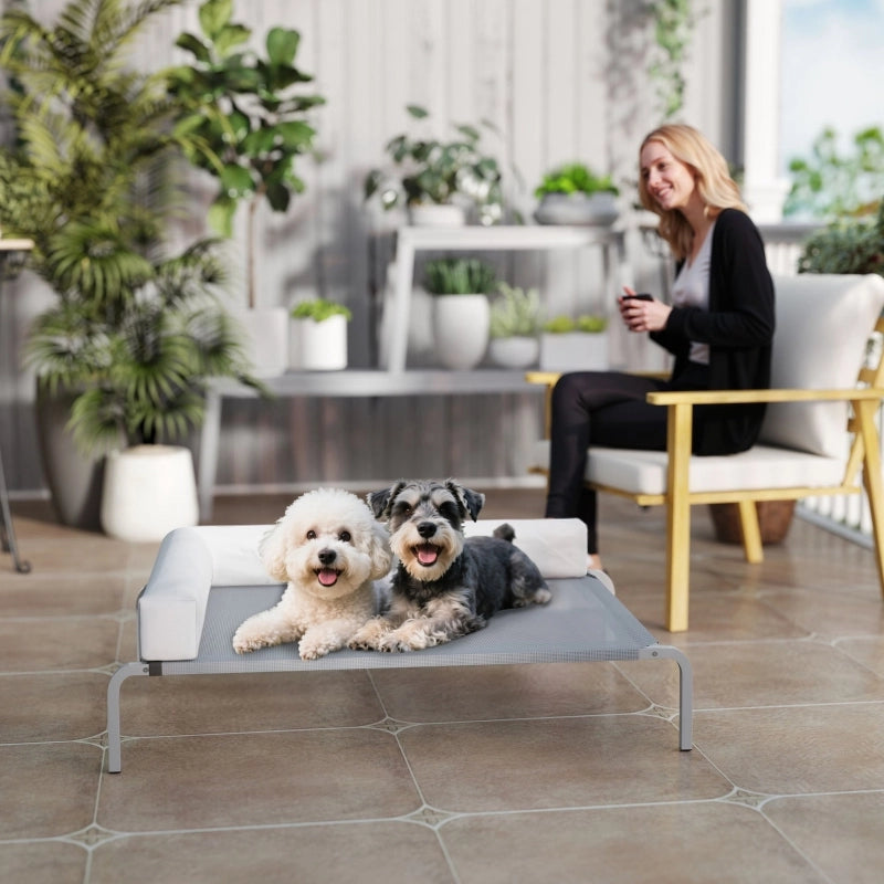 Cuccia da esterno, cuccia rialzata per cani di taglia media, con cuscino a L, 110x75x30 cm, grigio chiaro.