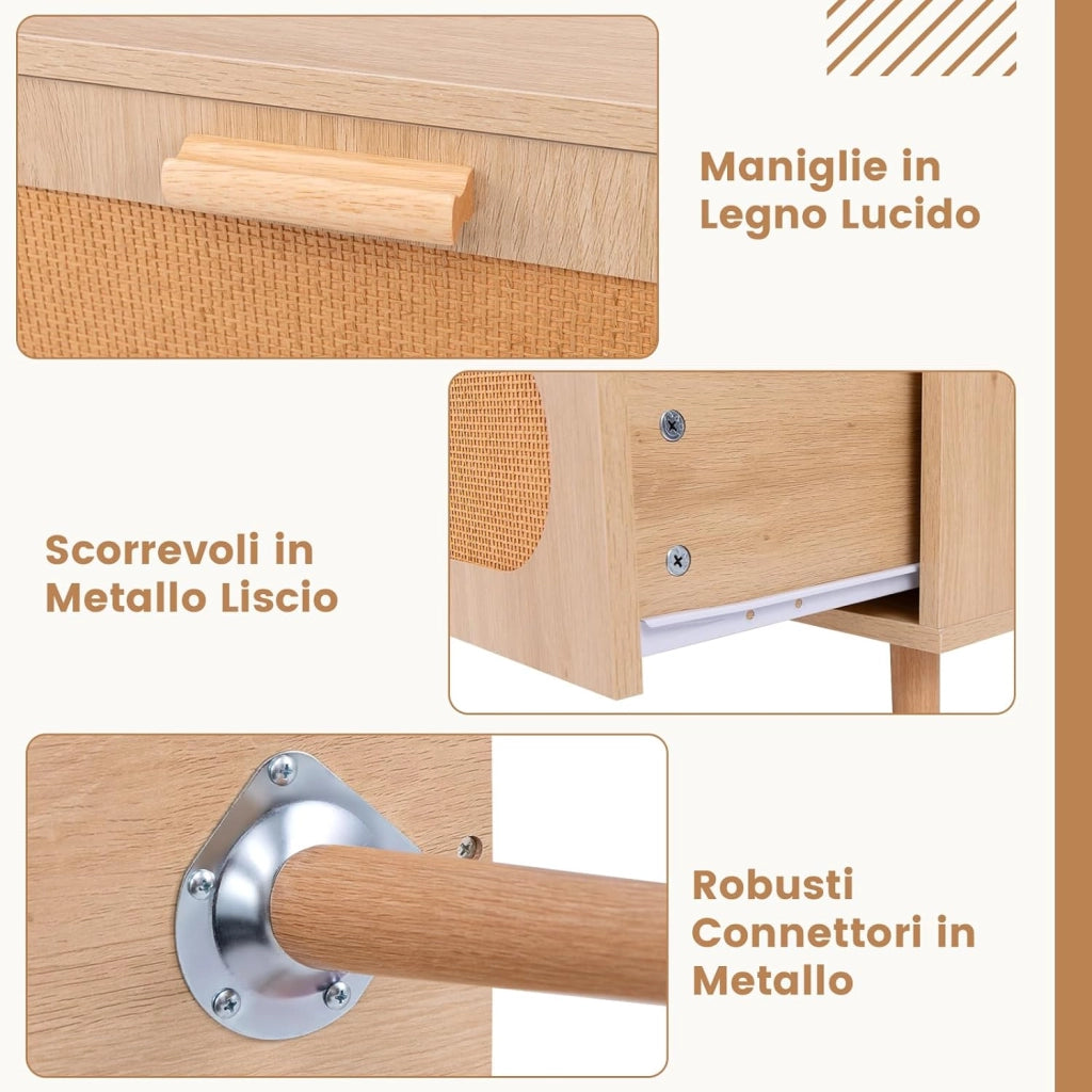 Tavolino da Caffè in Rattan, Tavolino Moderno con 2 Cassetti e Compartimento Posteriore e Gambe in Legno Massello, Tavolo Rettangolare da Salotto e Ufficio
