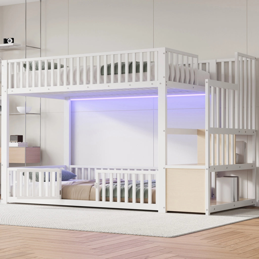 Letto a Castello 90x200 in Metallo Bianco con Scala Contenitore e LED Integrati