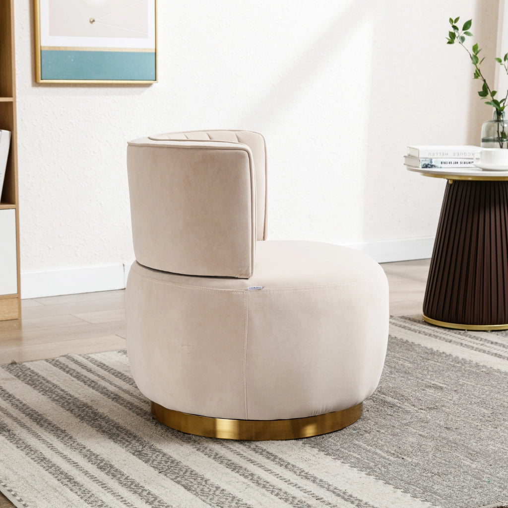 Sedia girevole a 360° in velluto beige; con schienale ergonomico e base in legno e metallo