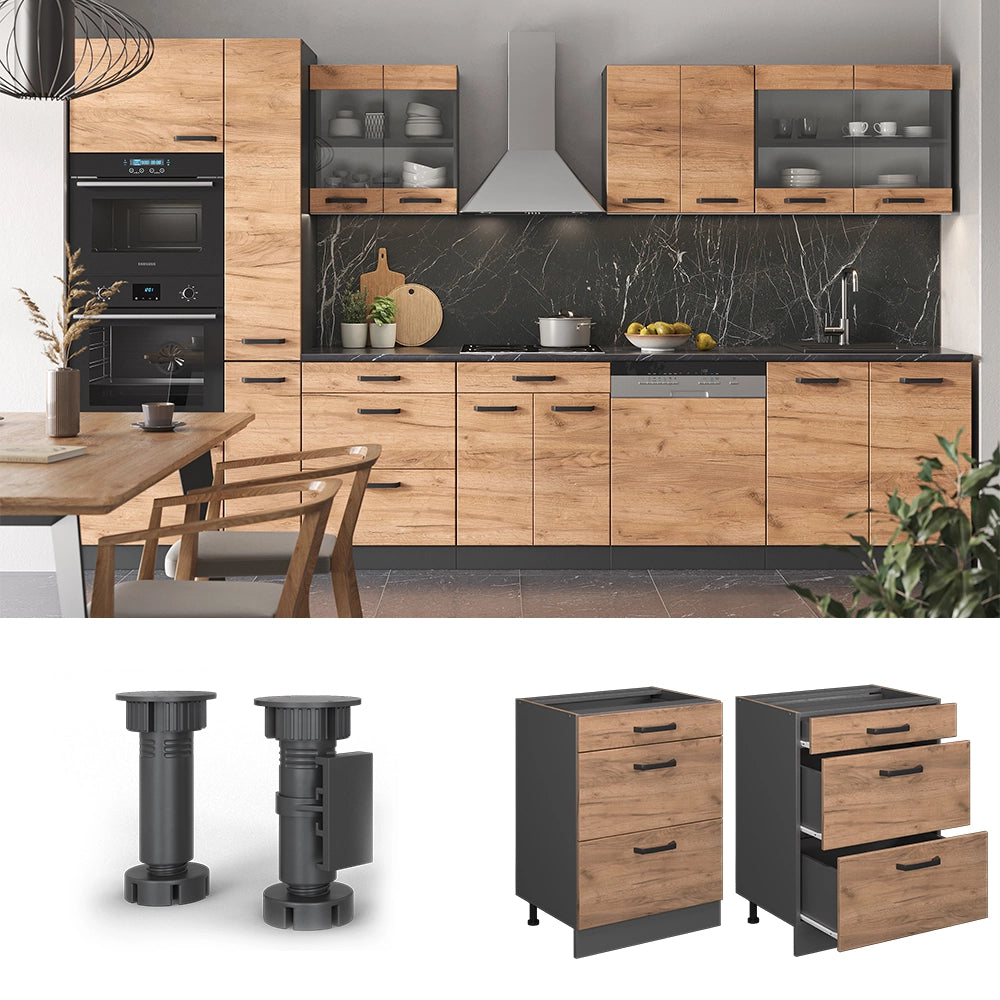 Vicco Mobiletto base per cucina Quercia dorata 60 cm con cassetti, PL Rovere