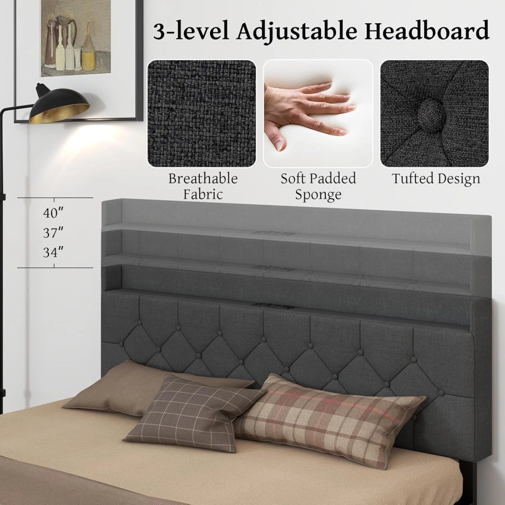 Letto Matrimoniale 160 x 200 cm Testiera con Luci LED ，Struttura Letto a Doghe Carico 300 kg，Letto con Struttura Moderno，Senza Materasso，Nero