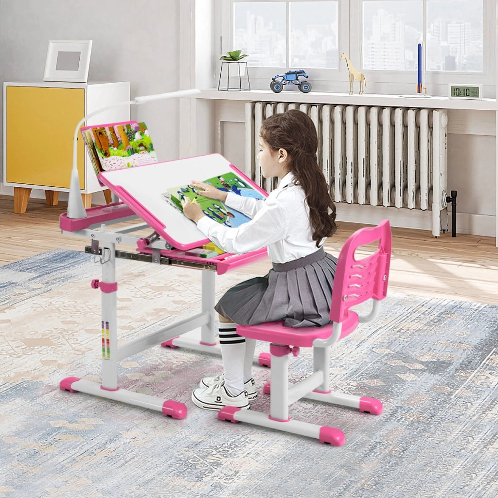 Set scrivania e sedia per bambini con altezza regolabile, Scrivania e sedia con leggio per libri e luce LED Rosa
