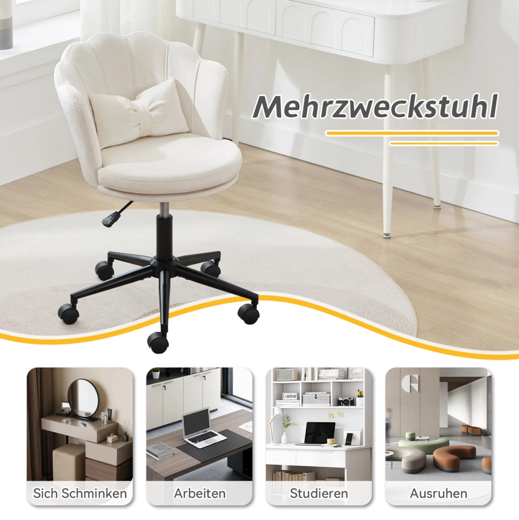 Sedia girevole regolabile in velluto beige con cuscino lombare