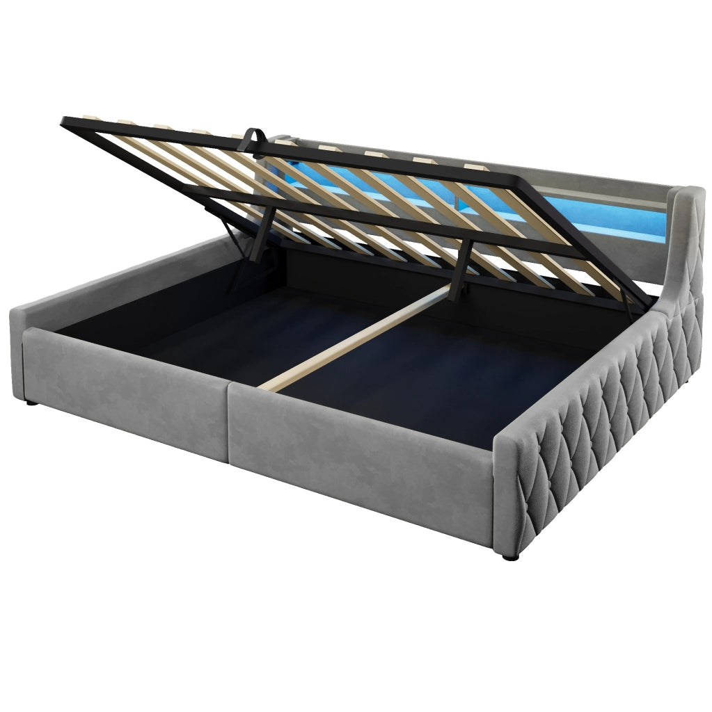 Letto imbottito 140x200 cm con contenitore idraulico e testiera LED; in flanella grigia