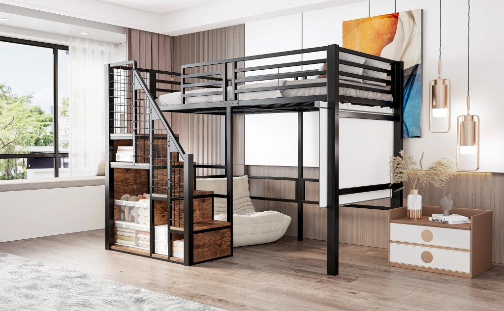 Letto a soppalco singolo 90x200 in metallo con scala e contenitore integrato, colore nero
