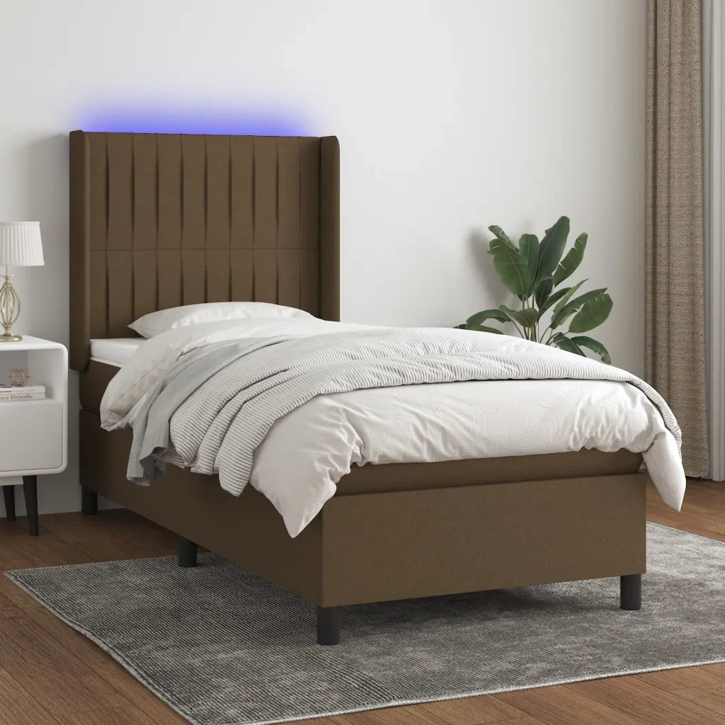 Letto a Molle Materasso e LED Marrone Scuro 90x190cm in Tessuto cod mxl 35493