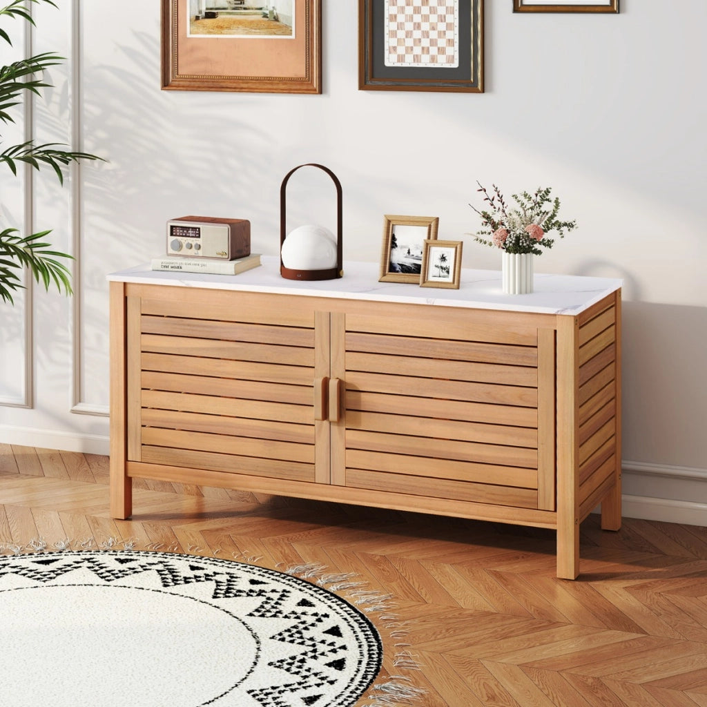 Mobile contenitore da esterno per patio a 2 ante con piano in finto marmo-Credenza da esterno per giardino Naturale