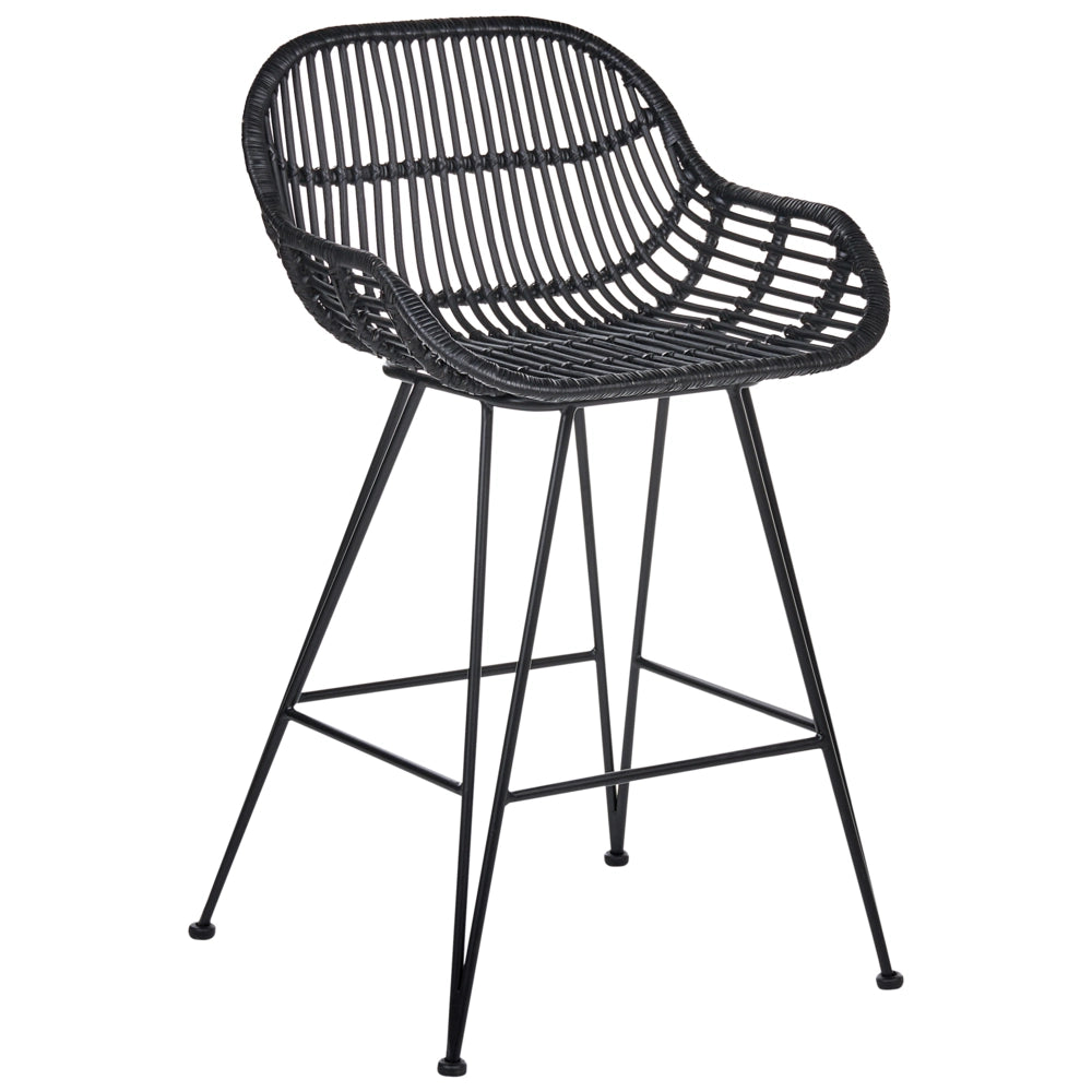 Set di 2 sedie da bar in rattan nero con struttura in ferro, per interni, stile boho, da sala da pranzo