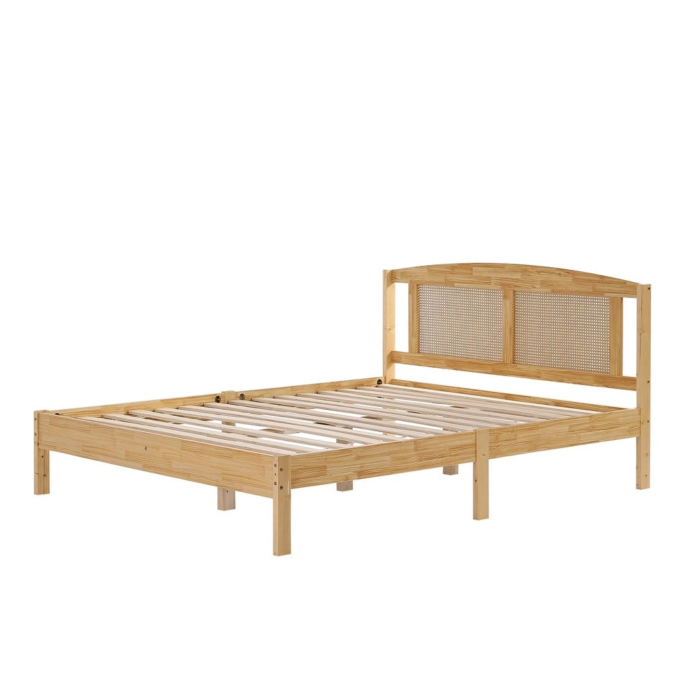 Letto Matrimoniale in Legno di Pino e Rattan ¨C MINIMAL ¨C 160x200, Naturale, 15 Doghe