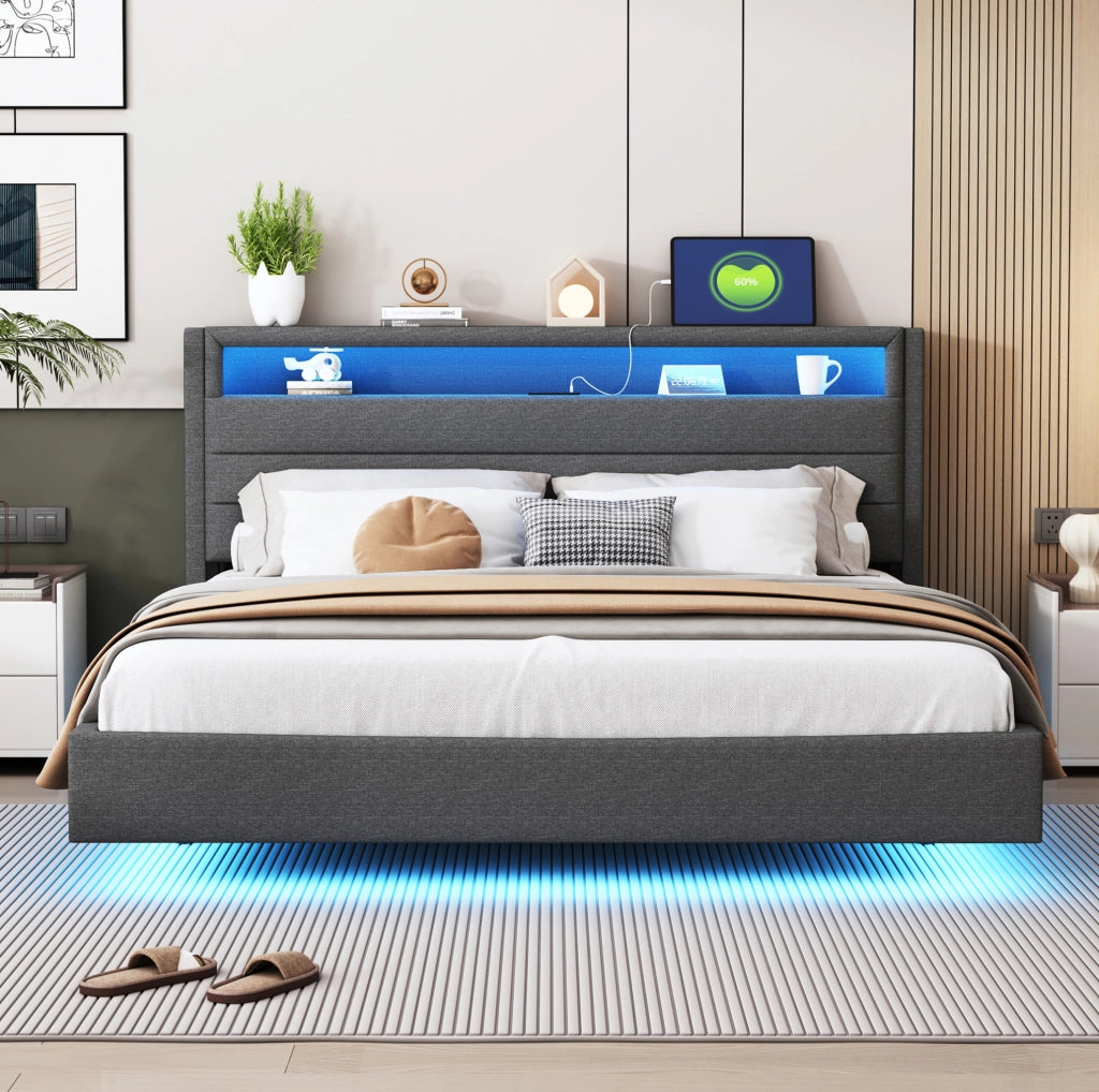 Letto imbottito 160x200 cm con USB; LED e testiera reversibile grigio