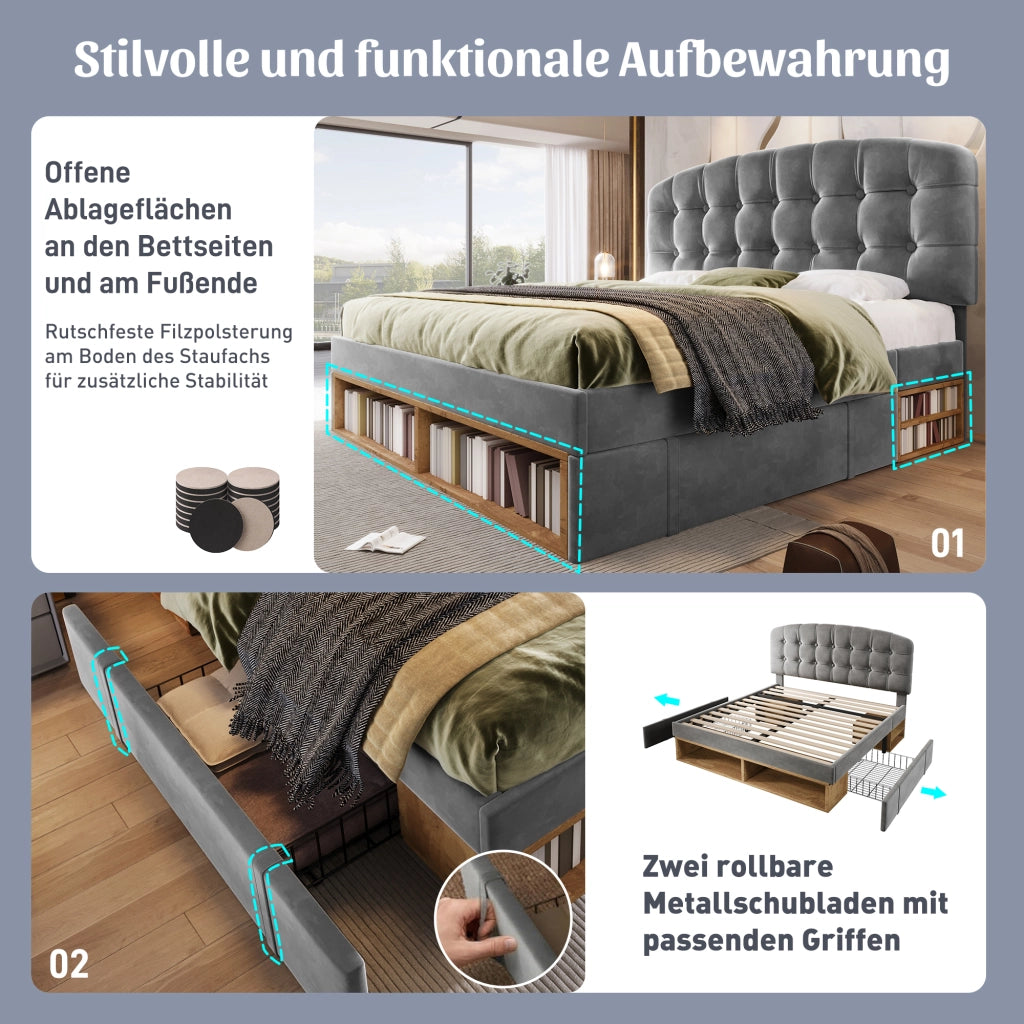 Letto contenitore 140 × 190 cm con testiera regolabile, cassetti e ripiani, senza materasso, in velluto grigio