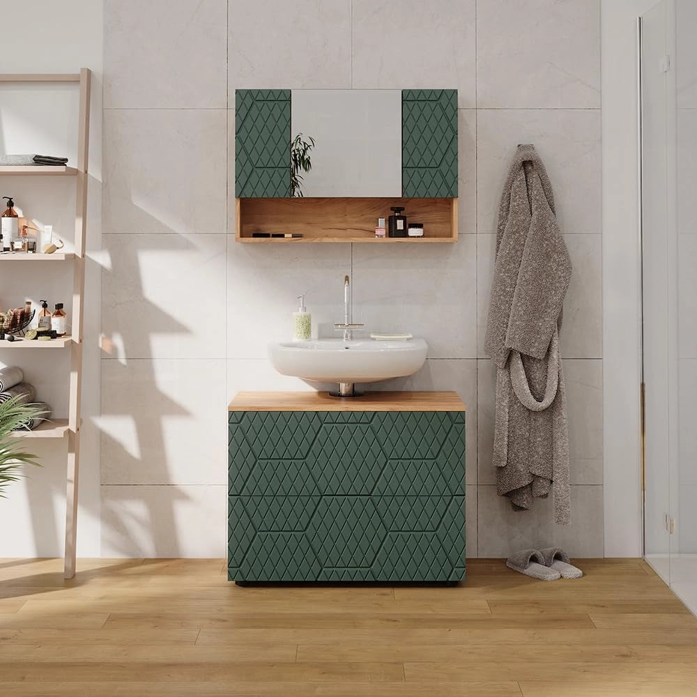 Set mobili bagno Irma, Quercia verde/oro, 80 cm, composto da specchio da bagno e mobile sottolavabo