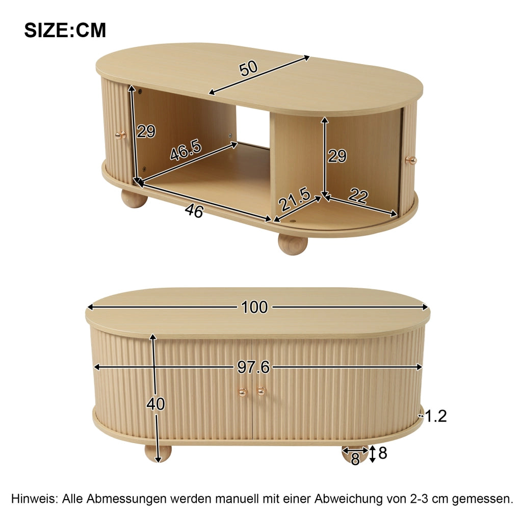 Tavolino da caffè ovale con vano contenitore; ante scorrevoli; 100x50x40 cm; MDF; effetto legno