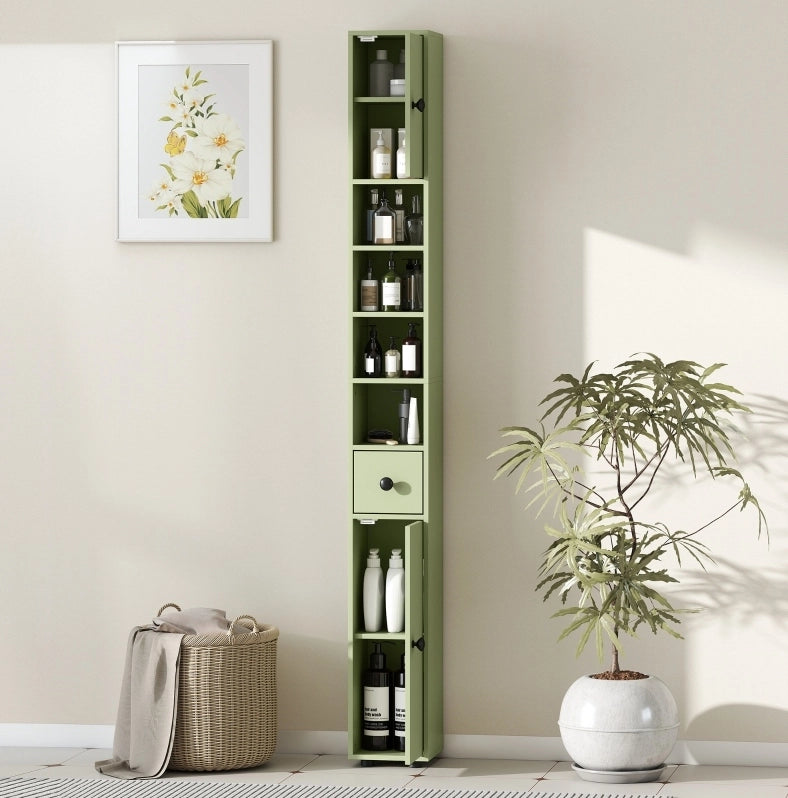 Colonna bagno stretta 20 x 20 x 180 cm verde con cassetto e vani