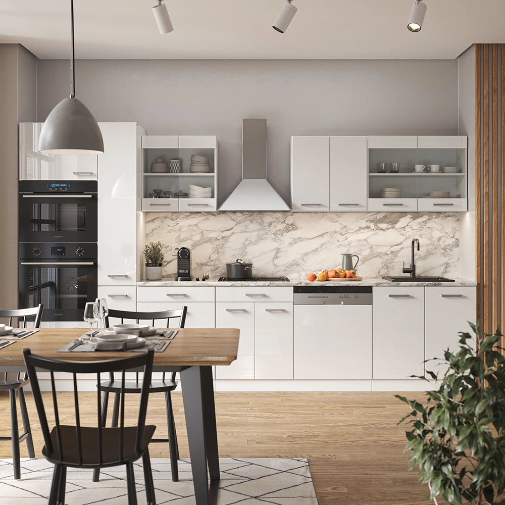 Cucina componibile R-Line Bianco lucido/Bianco 350 cm con armadio alto, PL Antracite Vicco