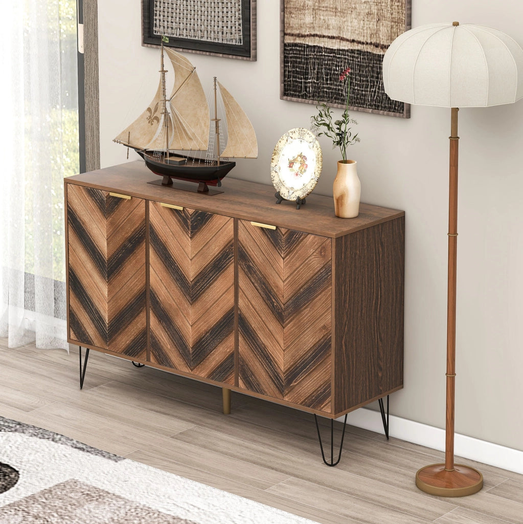 Sideboard 120x38x76.5 cm con 3 ante; piedini in ferro; colore naturale e nero