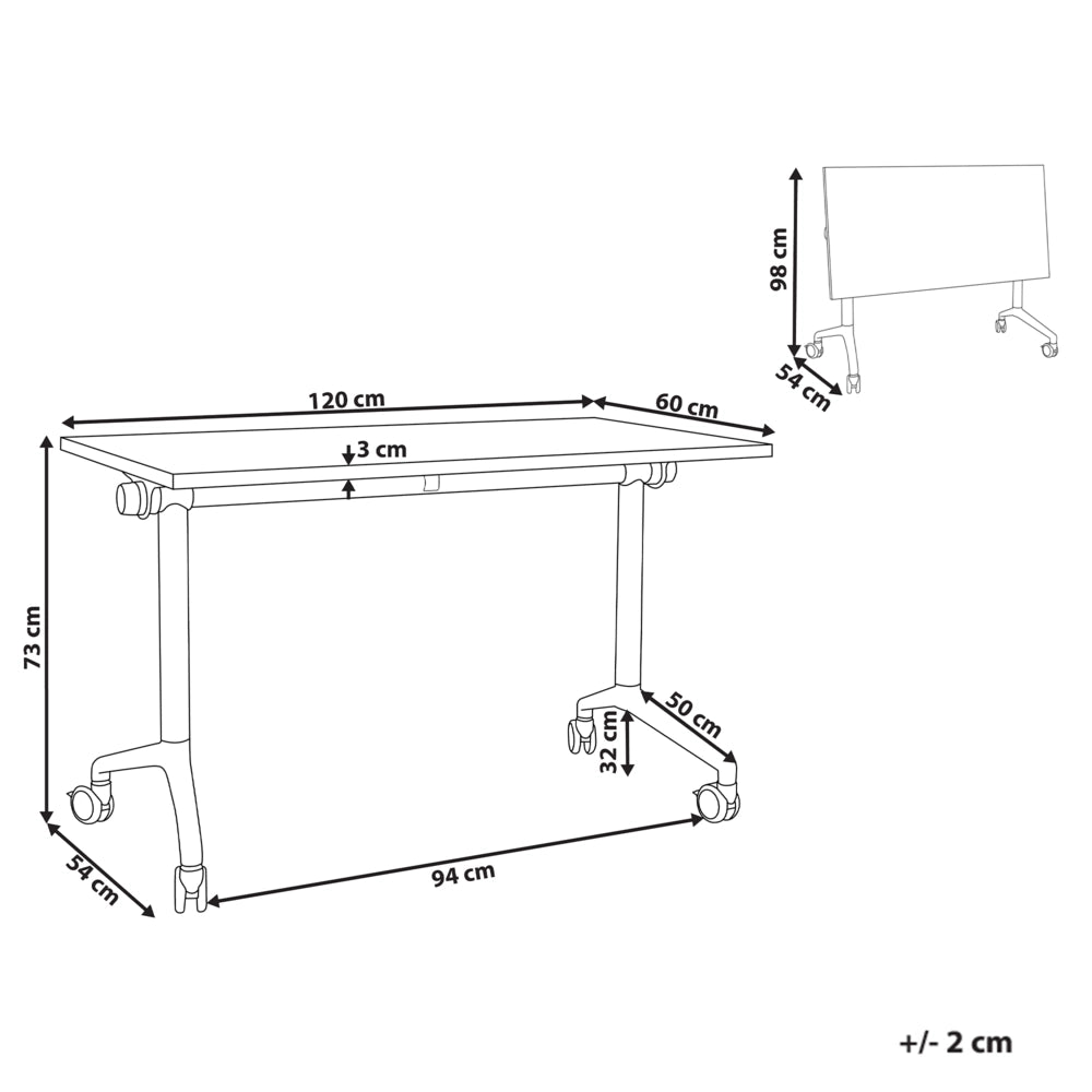 Scrivania rettangolare pieghevole con rotelle portatile con struttura in metallo marrone e bianco 120 x 60 cm stile moderno