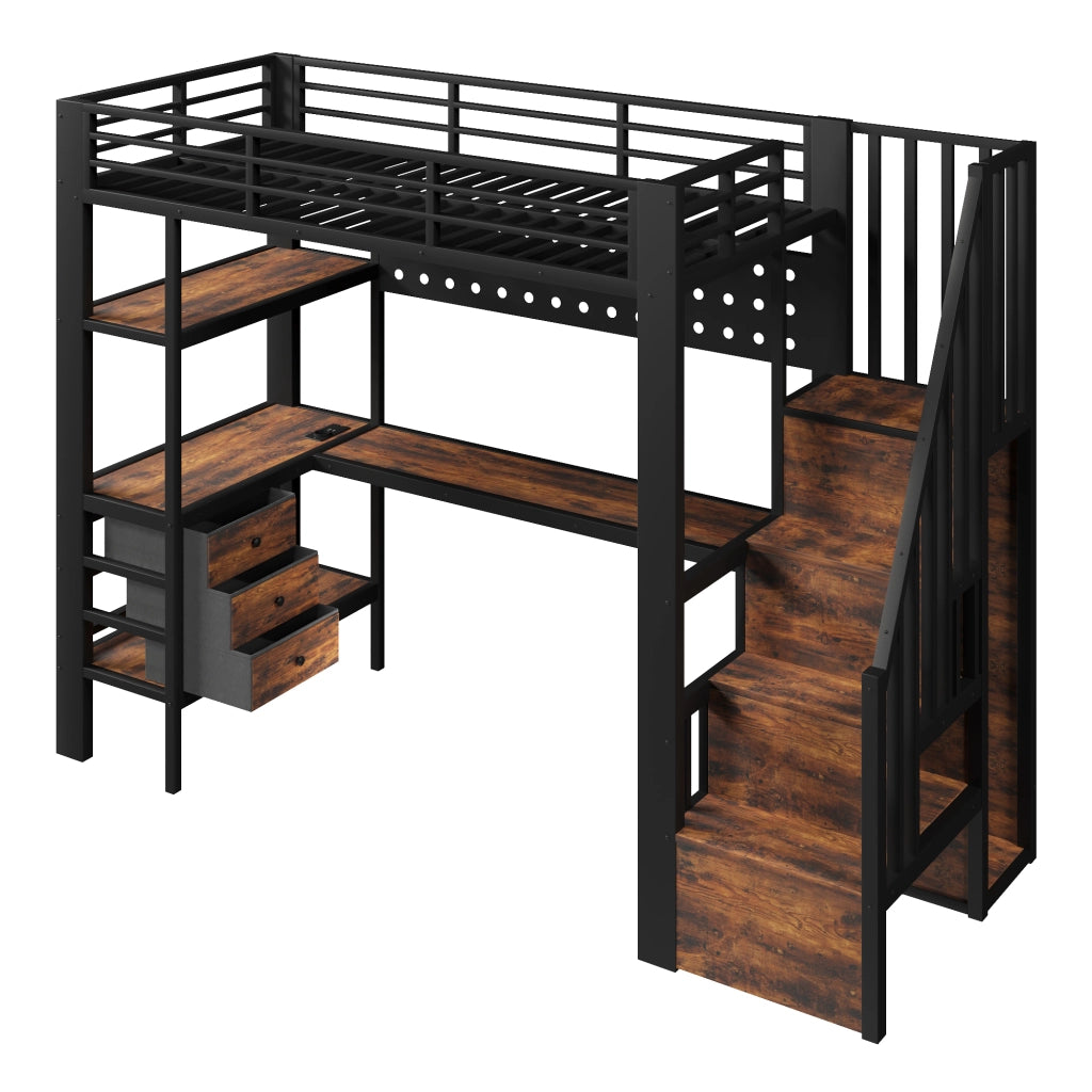 Letto a soppalco singolo 90×200 cm con 3 cassetti; ripiano; scrivania; presa e LED; senza materasso; nero