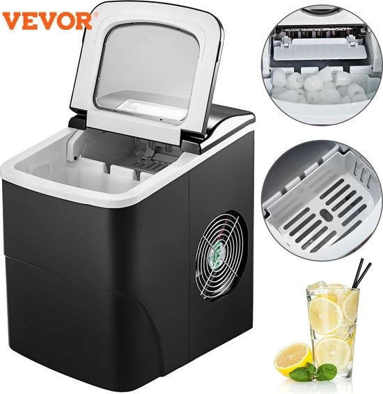 Freddo Automatico Elettrico - 1,4 Litro - 12 Minuti - 12kg/24 Ore - Con Confezionatore di Cubetti di Ghiaccio e Spatola - In Acciaio Inossidabile - Nero