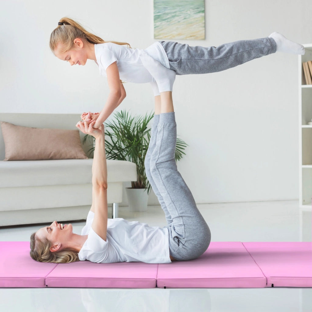 Tappetino da ginnastica con 2 maniglie 4 pannelli, Materassino pieghevole per yoga fitness allenamento Rosa