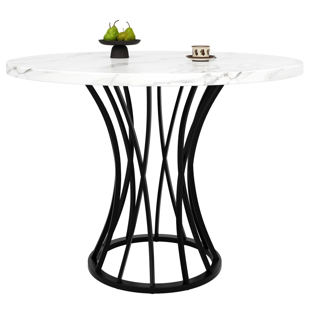 Tavolo da pranzo rotondo con piedini regolabili; piano effetto marmo; in MDF e metallo; 80×80×76 cm; Nero