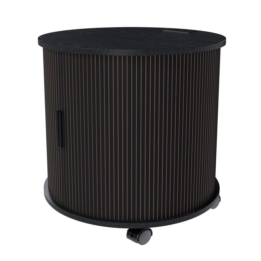 Comodino cilindrico stile mid-century con presa e 2 porte USB, anta scorrevole e vano contenitore, nero, 60 × 60 × 60 cm