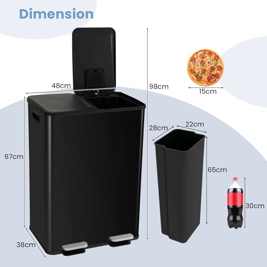 Pattumiera a Doppio Scomparto, 2 x 30 L, in Acciaio Inossidabile, Pattumiera a Pedale, Scatola Deodorante, Coperchio Liscio e Silenzioso, 2 Secchi Rimovibili, Pattumiera Riciclaggio Cucina